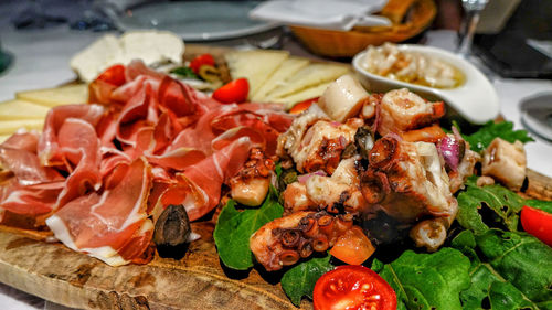 High angle view of meal served on table