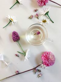 High angle view of pink flowers on table