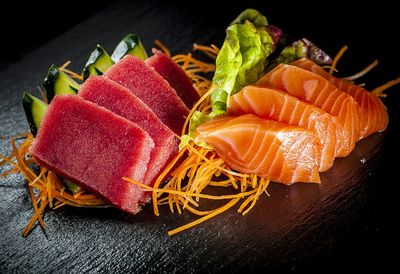 Close-up of sashimi on wooden plate