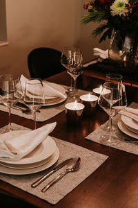 High angle view of wine glasses on table