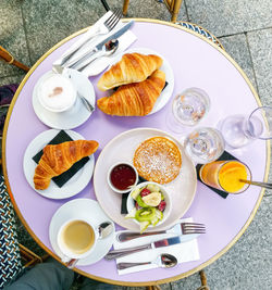 High angle view of breakfast served on table