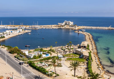 High angle view of boats in harbor