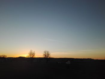 Silhouette trees on field against clear sky during sunset