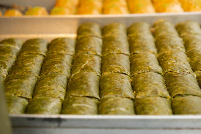 Various types or many colorful assortment of turkish sweets for sale in street shop food festival