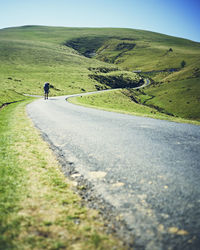 Rear view of person walking on road