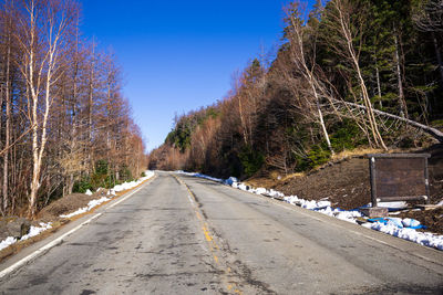 Road amidst trees against clear blue sky