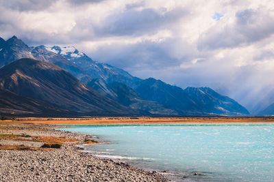 Scenic view of lake by mountains against sky