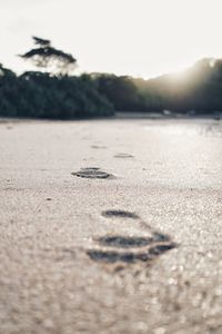 Surface level of sand on beach against sky