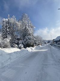 Snow covered road by trees against sky