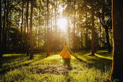 Young woman standing amidst trees in forest during sunny day