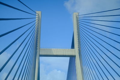 Low angle view of suspension bridge against sky