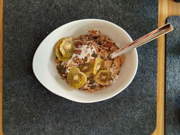 High angle view of breakfast served on table