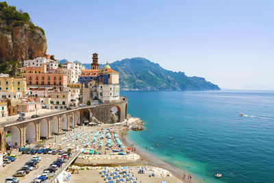 Panoramic view of beach against clear blue sky