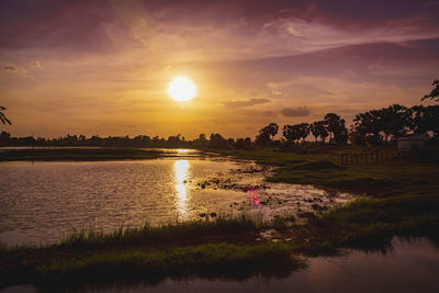 Scenic view of lake against sky during sunset