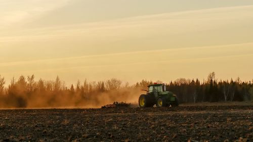 Scenic view of agricultural field against sky during sunset