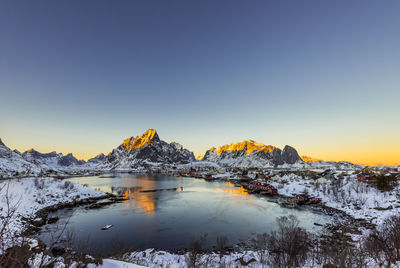 Scenic view of snowcapped mountains against sky during sunset