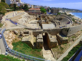 High angle view of old ruins against sky