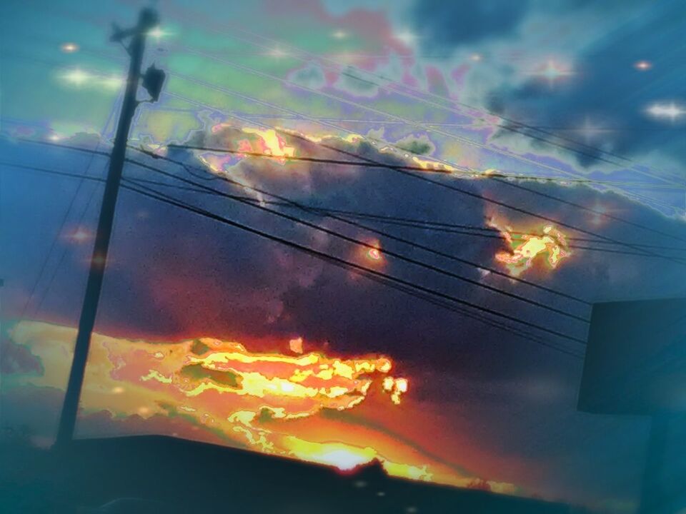 cloud - sky, sunset, sky, cable, nature, orange color, no people, electricity, power line, technology, low angle view, beauty in nature, burning, outdoors, glass - material, scenics - nature, flame, fuel and power generation, power supply, dramatic sky