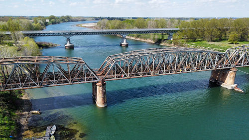 Aerial view of metal railway bridge