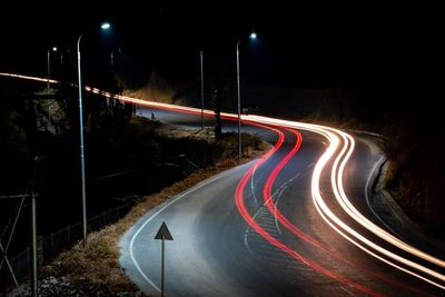 Light trails on road at night