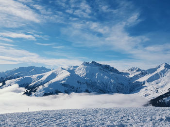 Scenic view of snow covered mountains against sky