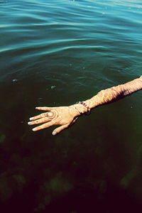 High angle view of person hand in sea