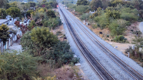 High angle view of railroad tracks amidst trees