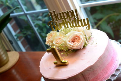 High angle view of birthday cake on table