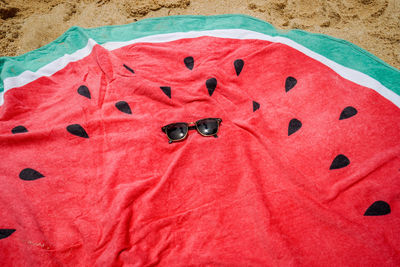 High angle view of pink petals on sand