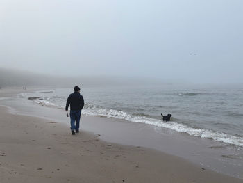 Rear view of men on beach against sky