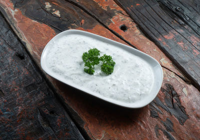 High angle view of meal served on table