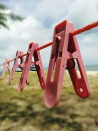 Close-up of clothes drying on clothesline