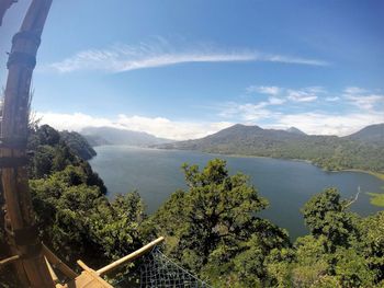 High angle view of plants and mountains against sky