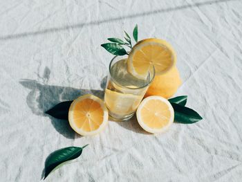 High angle view of fruits in glass on table