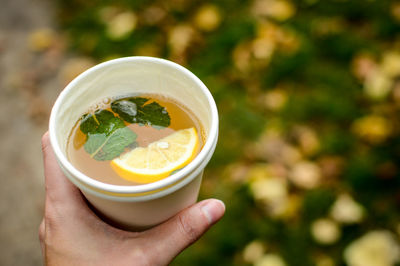 Cropped image of hand holding tea during autumn