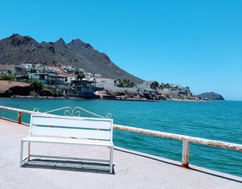 Scenic view of sea against clear blue sky