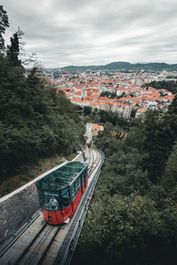 High angle view of train by railroad tracks against sky