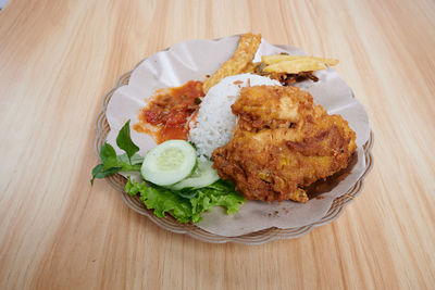 High angle view of food in plate on table