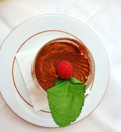 High angle view of tiramisu in plate on table