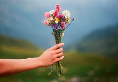Cropped hand of person holding bouquet against sky