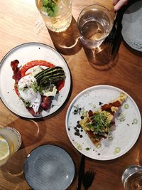 High angle view of food served on table