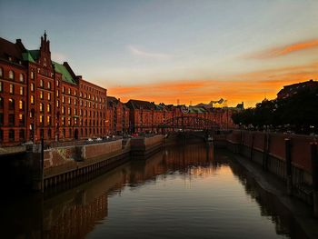 Bridge over river by buildings against sky during sunset