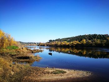 Scenic view of lake against clear blue sky