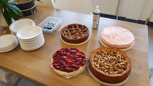 High angle view of breakfast on table