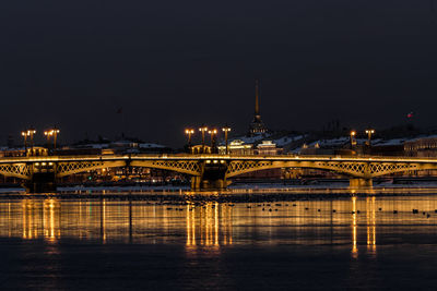 Illuminated bridge over river at night