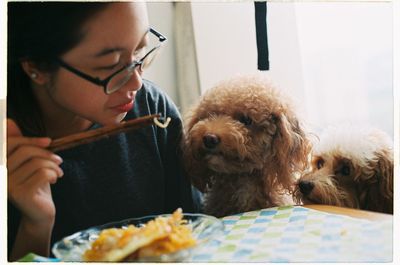 Close-up of woman with dog sitting on table