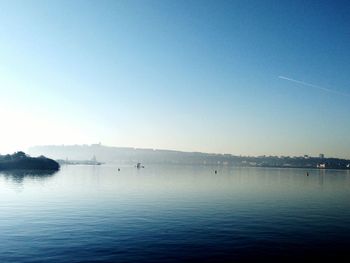 Scenic view of sea against clear blue sky