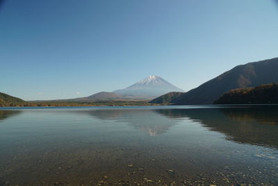 Scenic view of lake and mountains against clear blue sky