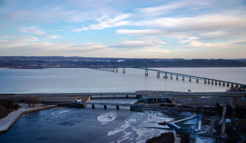 High angle view of bridge over sea against sky