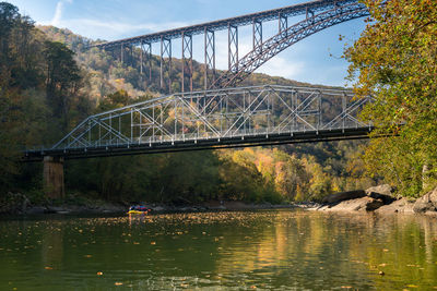 Bridge over river in forest against sky